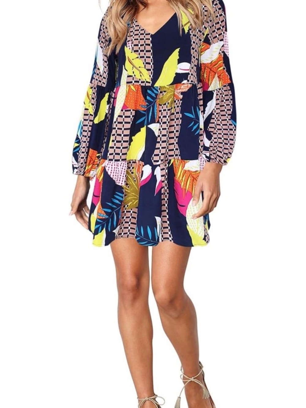 V-Neck Navy Tropical Print Tiered Mini Dress